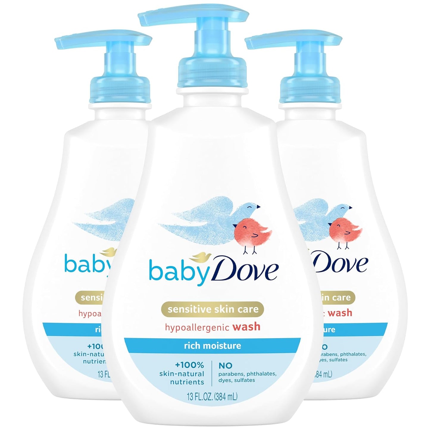 Baby Dove Body Wash, Rich Moisture 3-Pack – Hypoallergenic Wash for Sensitive Skin, Delicate Scent, 13 Oz Ea