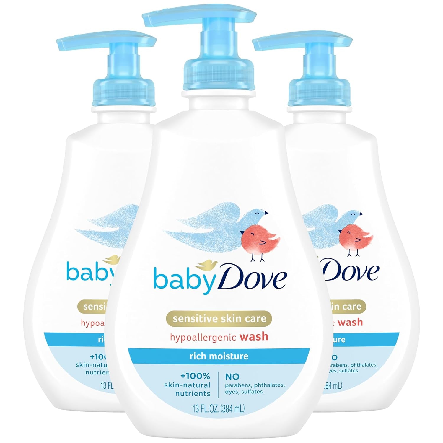Baby Dove Body Wash, Rich Moisture 3-Pack – Hypoallergenic Wash for Sensitive Skin, Delicate Scent, 13 Oz Ea