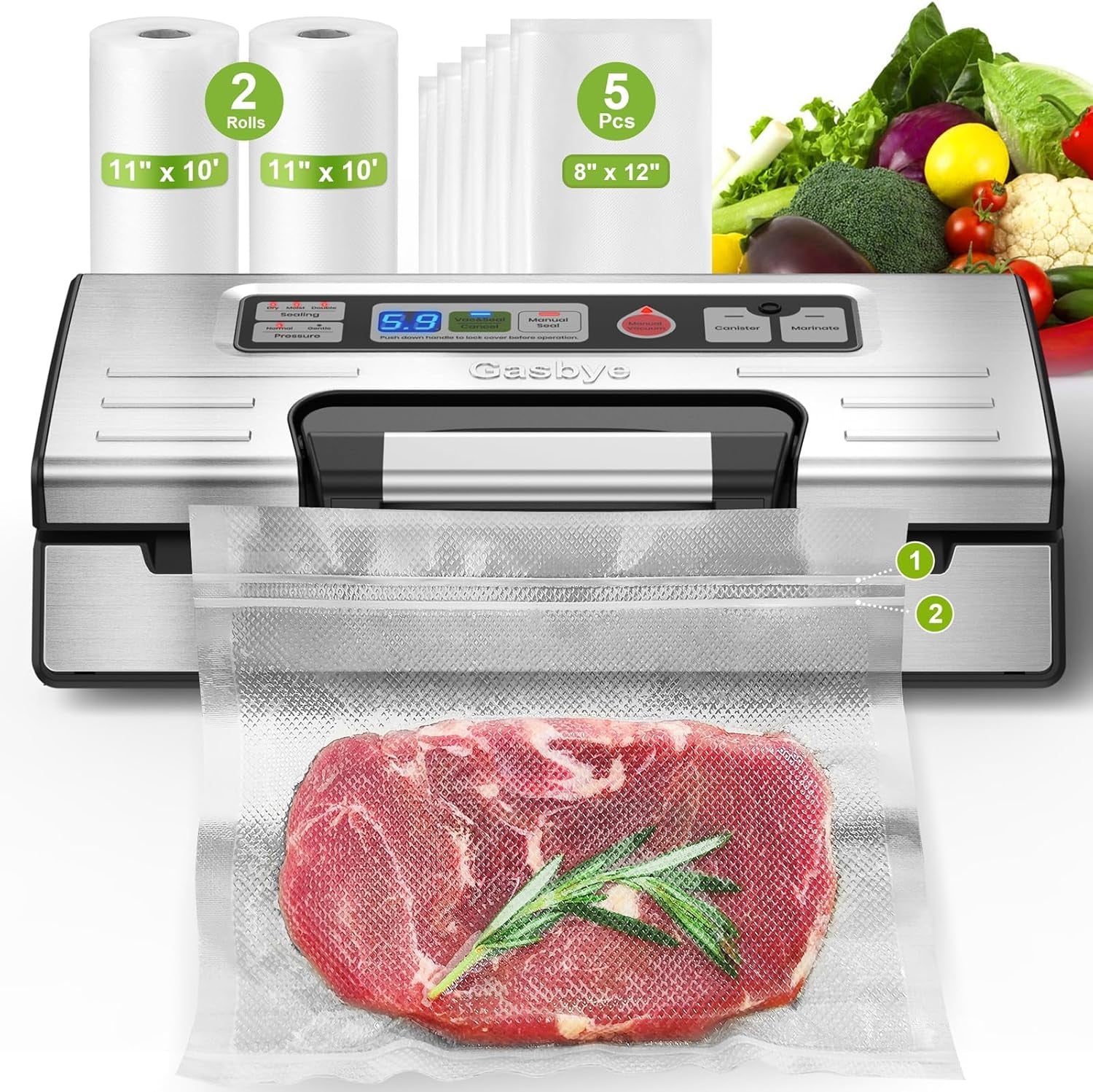 95Kpa Precision Vacuum Sealer Machine, Double Heat Seal for Dry/Moist Food, Easy-Lock Handle, Built-In Bag Storage & Cutter, Progress Display, Pulse Mode, Removable Drip Tray, Silver