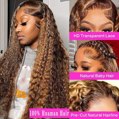 30 Inch Highlight Ombre Lace Front Wig Human Hair 200% Density 13X6 Honey Blonde 4/27 Deep Wave Glueless Pre Plucked HD Lace Frontal Wigs for Women