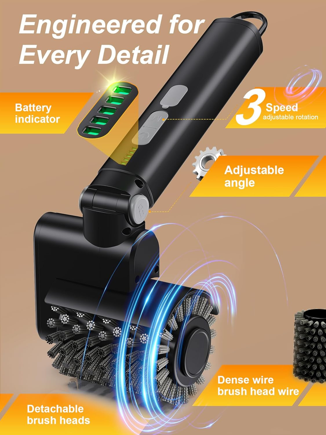 Electric Grill Brush, Cordless Automatic BBQ Cleaner with 3-Speed Control, Rechargeable Grill Cleaning Brush with Stainless Steel Heads & Scouring Pad, BBQ Accessories Gift for Men
