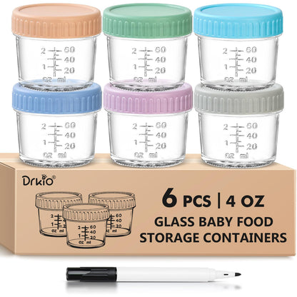 DRKIO 6 Pack Glass Baby Food Storage Containers - 4 Oz