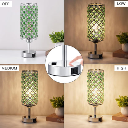 Green Crystal Lamp Touch Control Set of 2, Crystal Table Lamps with USB C+A Ports & AC Outlet, 3-Way Dimmable Nightstand Touch Lamp, Modern Bedside Table Lamp for Bedroom(Bulbs Included)