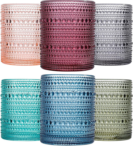 Colored Vintage Hobnail Drinking Glasses Set of 6, Embossed Water Tumbler 12Oz, Kitchen & Bar Beaded Glass Cups, Beverage Glass Cups for Water, Beer, Juice, Housewarming Gift