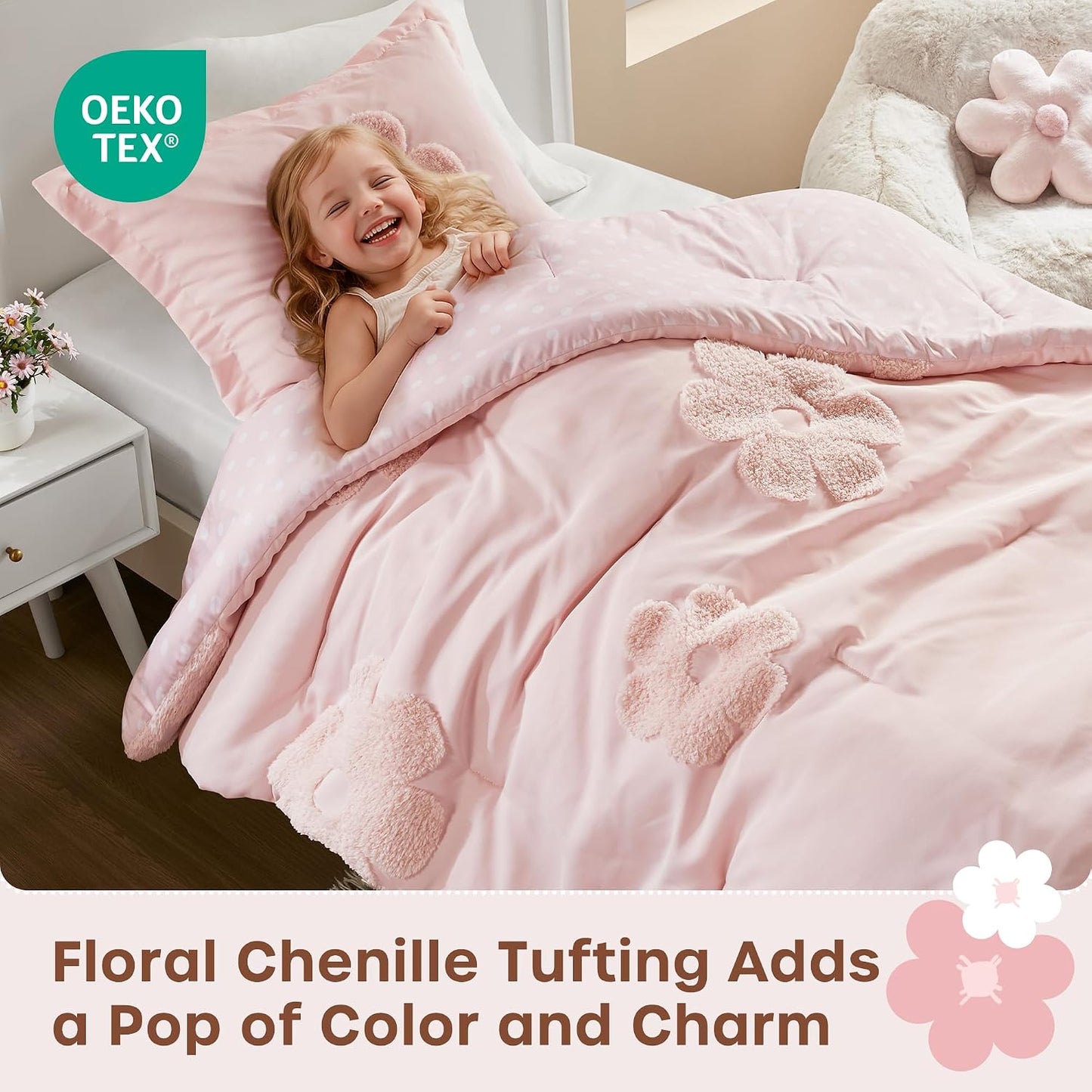 Kids Pink Floral Twin Comforter Set for Girls, 3Pc | Tufted Chenille, Polka Dot Reverse, Machine Washable, All Season, Lightweight, Bedding Set, Ultra Soft