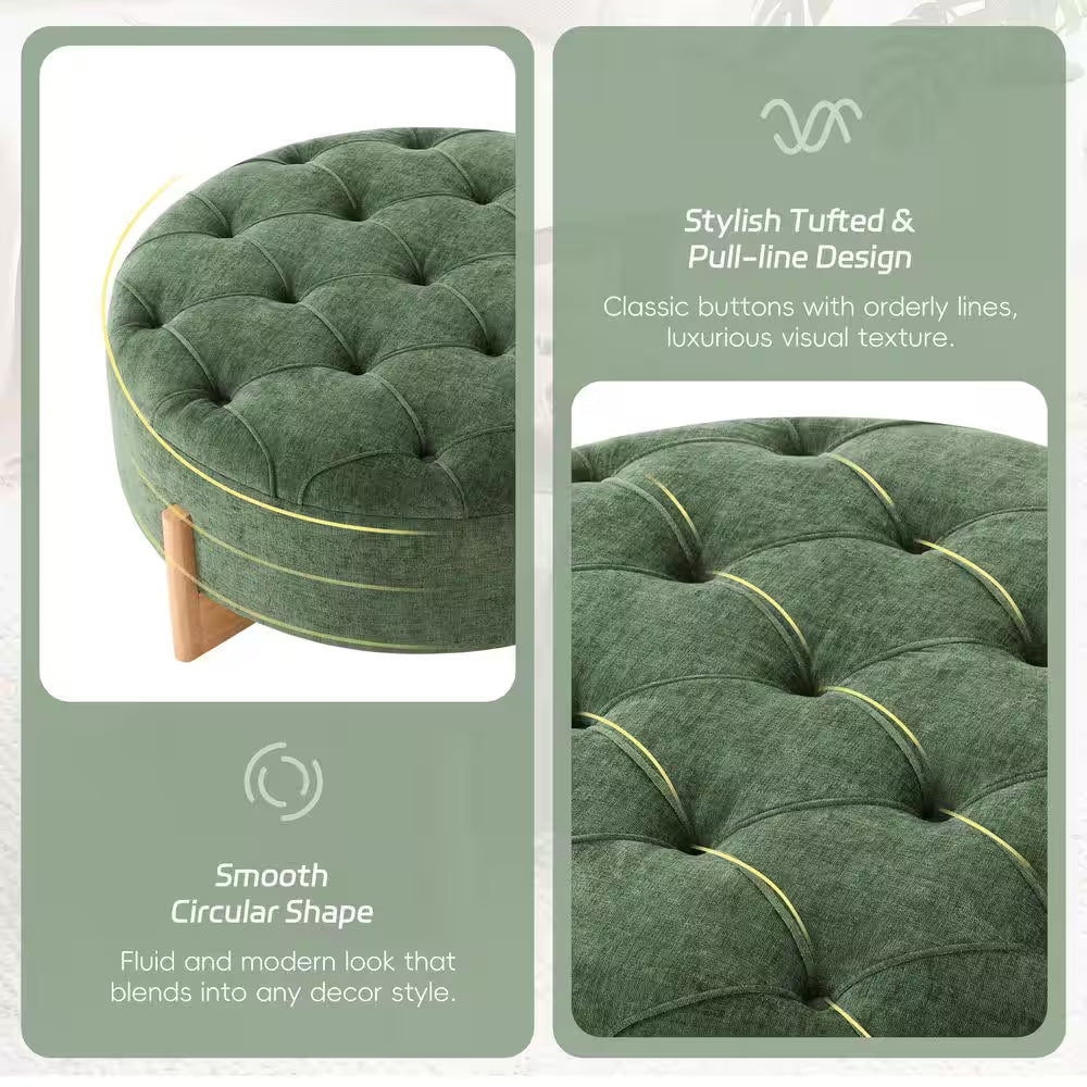 Green Chenille round Tufted Ottoman with Solid Wood Legs