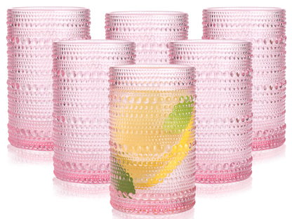 Abrwyy Pink Hobnail Glasses Drinking Set of 6 12 oz