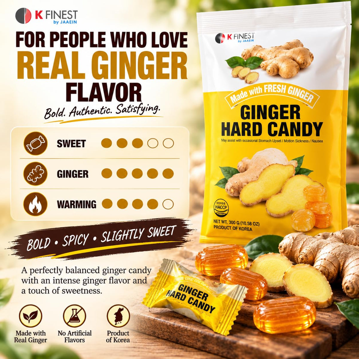 Ginger Hard Candy, Individually Wrapped Korean Ginger Candy Made with Real Ginger, Bold & Spicy Flavor, Travel-Friendly Candy, Product of Korea, 10.58 Oz (300G)