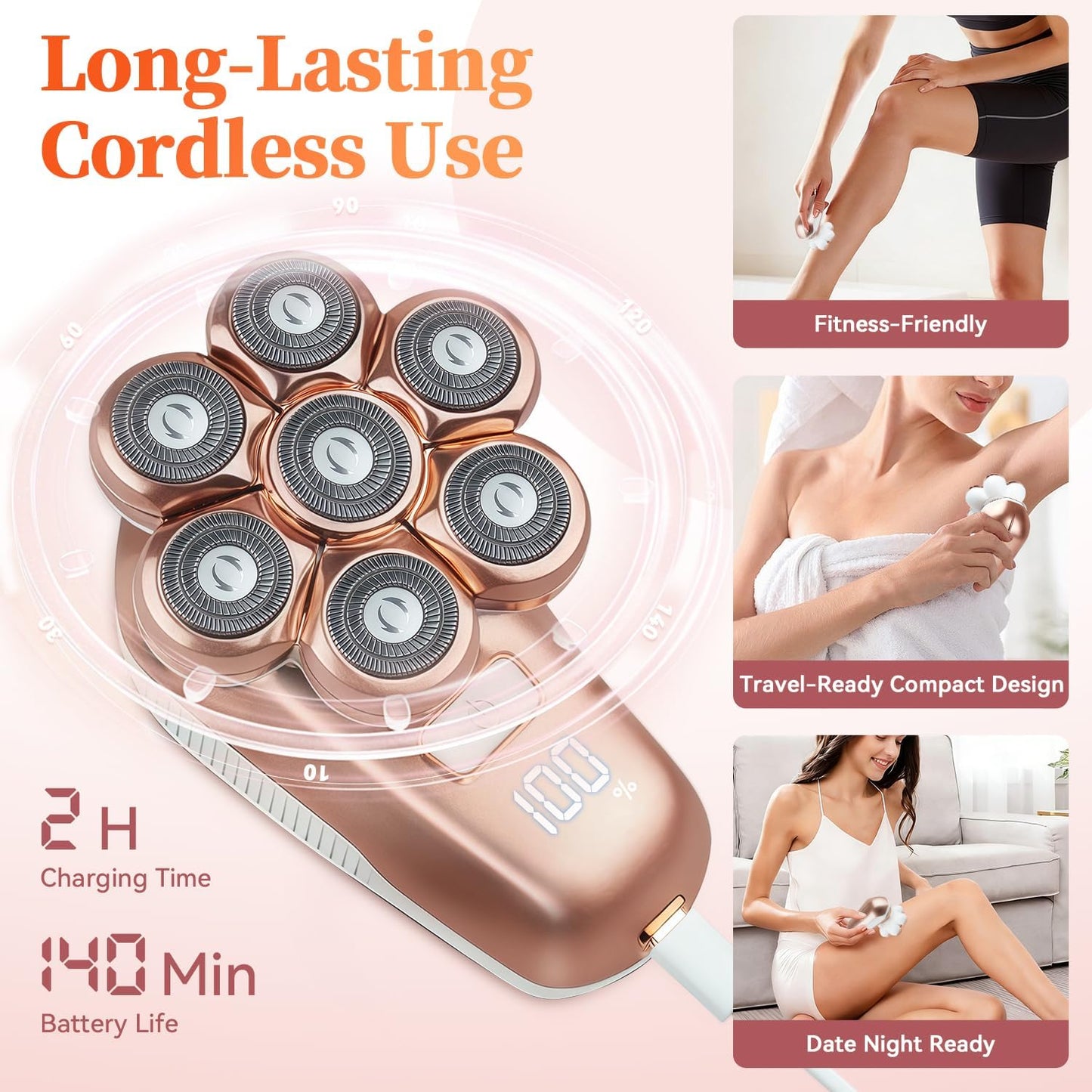 Electric Razors for Women, 5-In-1 Electric Shaver with 7D Magnetic Head, IPX7 Waterproof Wet Dry Hair Remover with LED Display, Travel Lock for Body Face Underarms Bikini Legs (Rose Gold)