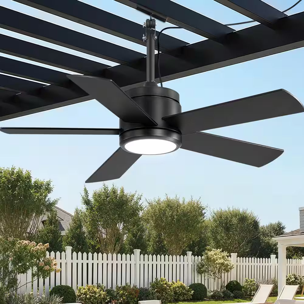 42 In. Outdoor Downrod Black Ceiling Fan with LED Lights, IP65 Waterproof Fandelier Fan with Remote Control 6-Speeds