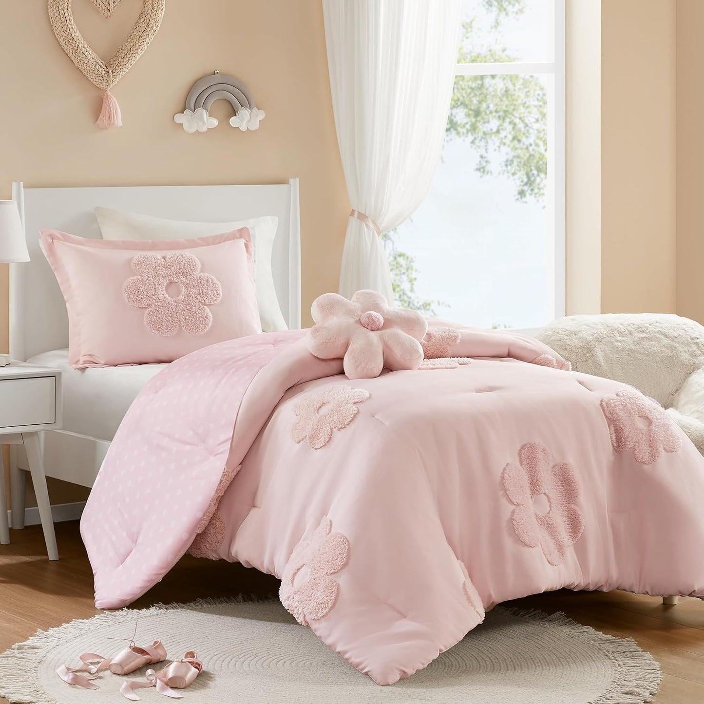 Kids Pink Floral Twin Comforter Set for Girls, 3Pc | Tufted Chenille, Polka Dot Reverse, Machine Washable, All Season, Lightweight, Bedding Set, Ultra Soft