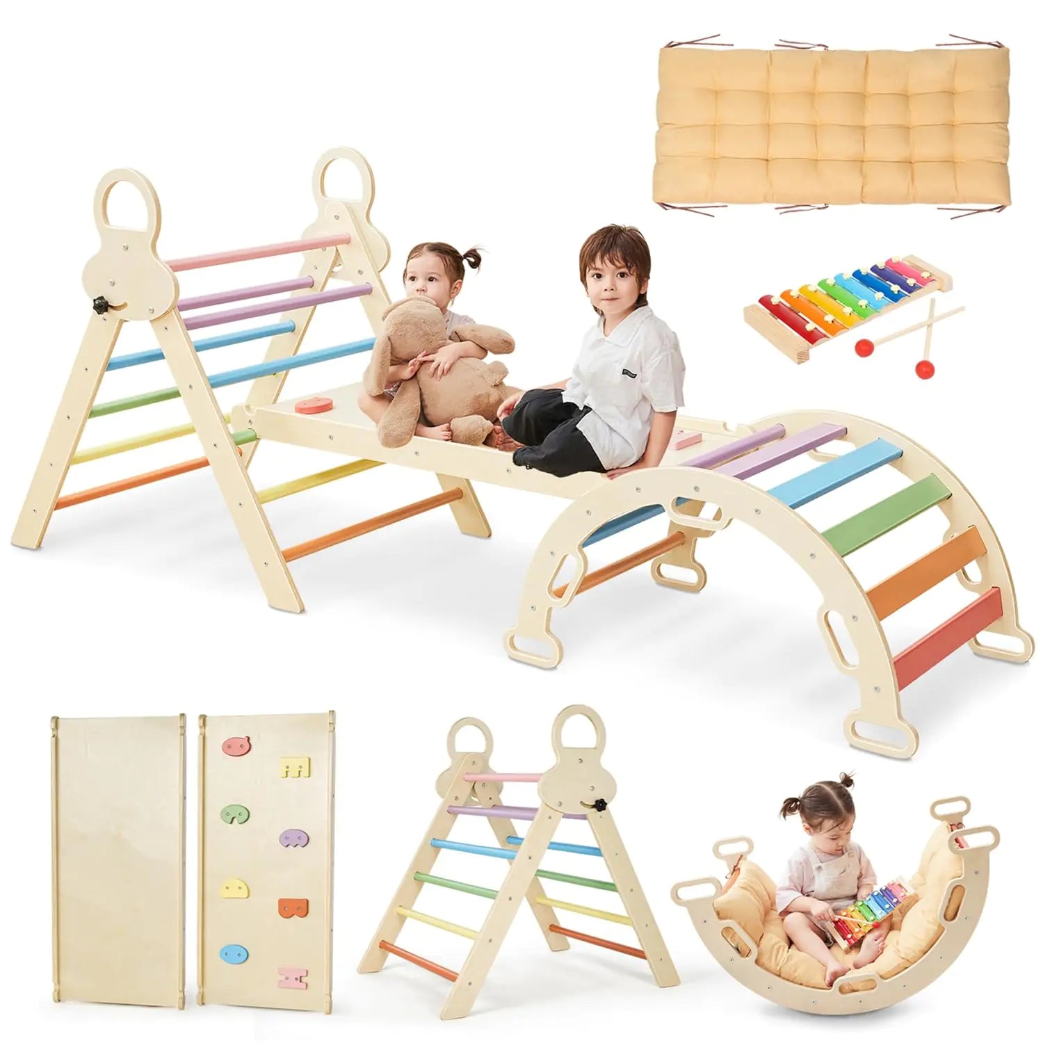 Pikler Triangle Set for kids 8 in 1 Colorful Montessori Large Climbing Toys for Toddlers 1-6 Inside with Ramp Arch and Foldable Climbing Triangle Climbing Toys Wooden Child Indoor Playground - Zayd’s Department Store