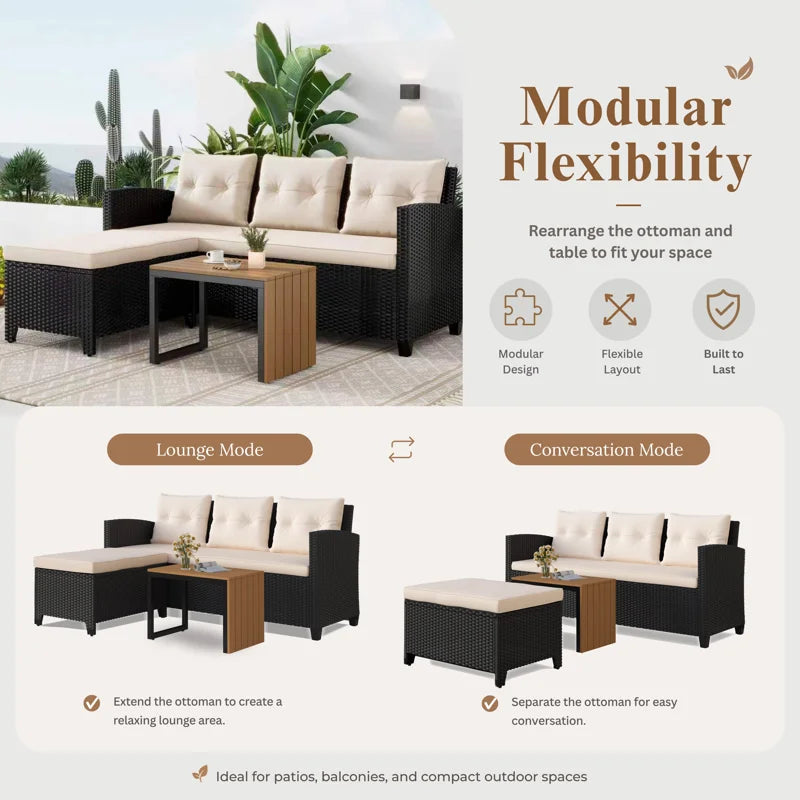 3-Piece All-Weather PE Wicker Patio Conversation Set Modular Outdoor Sectional Sofa, Patio Furniture Sets with Cushions for Small Patios, Balcony & Poolside