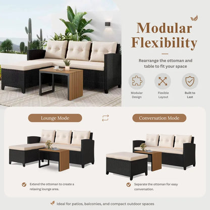 3-Piece All-Weather PE Wicker Patio Conversation Set Modular Outdoor Sectional Sofa, Patio Furniture Sets with Cushions for Small Patios, Balcony & Poolside