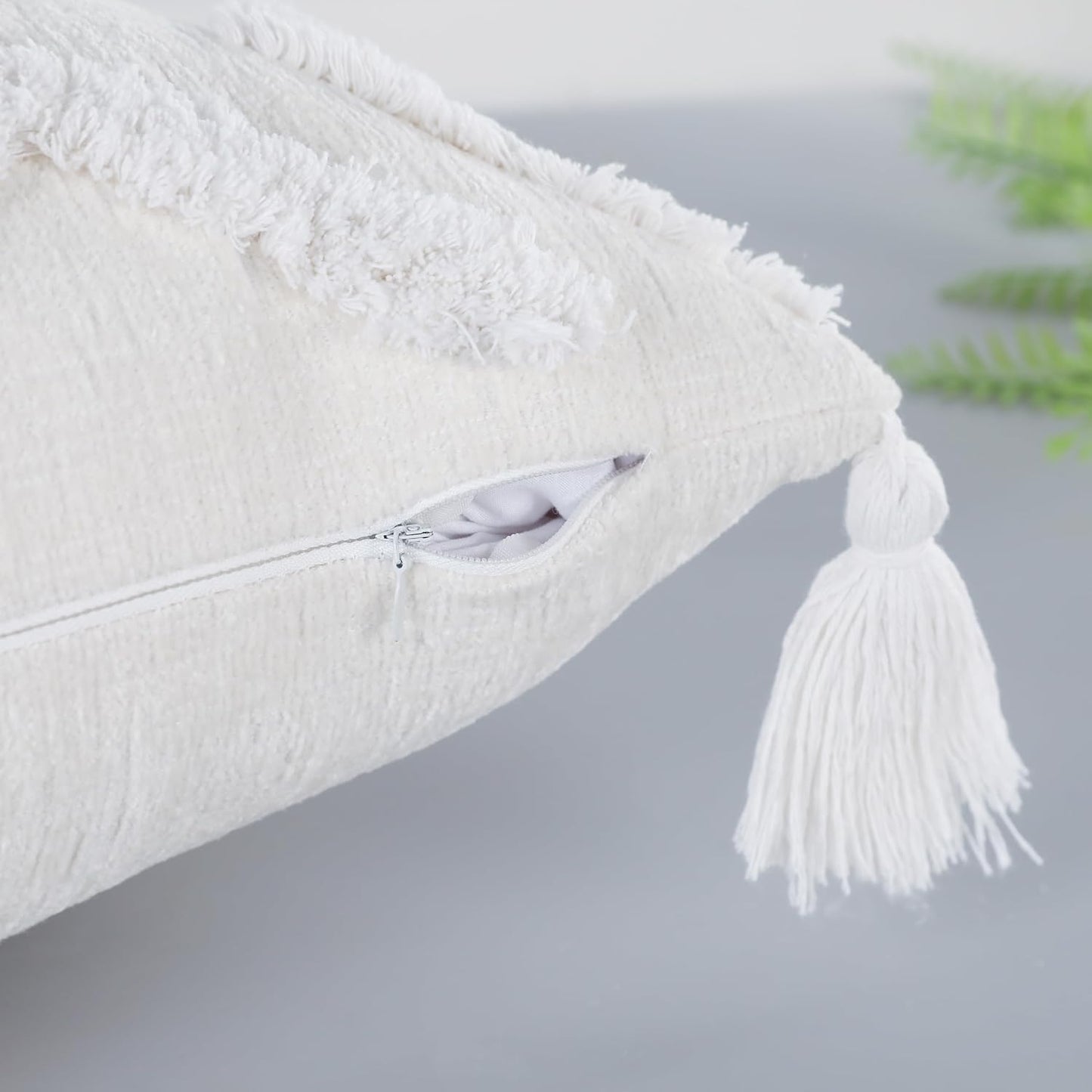 Decorative Long Lumbar Pillow Cover 16X36 Boho,Super Soft Chenille Extra Long Lumbar Pillow Case Cover with Tassel for Bed Sofa Couch Farmhouse Livingroom,White,Modern Skinny