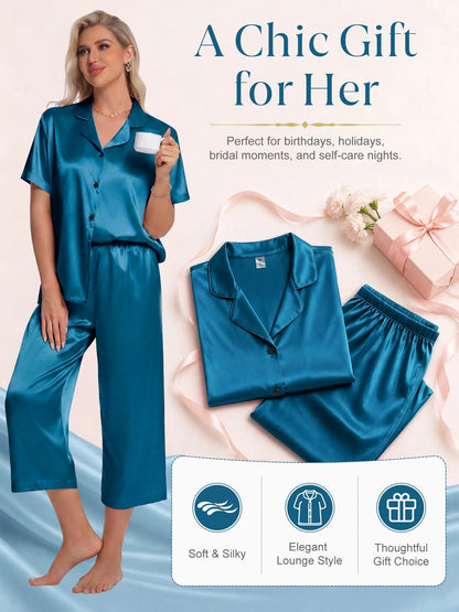 Silk Satin Pajama Set for Women Capri Pajamas Short Sleeve Button down Two Piece Pjs Sleepwear Soft Loungewear Nightwear