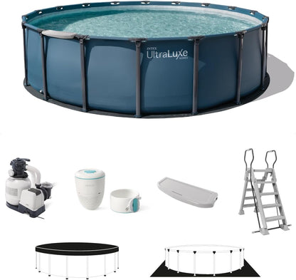 INTEX 28829EH 18Ft X 52In Ultraluxe Premium above Ground Swimming Pool Set with Smart Wi-Fi Enabled Dual Sand Filter Pump Saltwater System and Water Analyzer, Retractable Pool Ladder