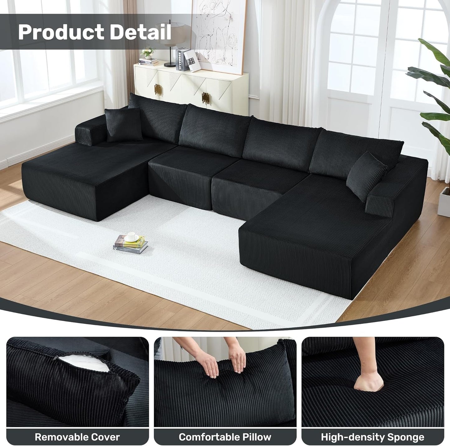 Corduroy Black UShaped Modular Sectional Sofa