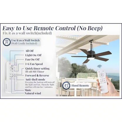42 In. Outdoor Downrod Black Ceiling Fan with LED Lights, IP65 Waterproof Fandelier Fan with Remote Control 6-Speeds
