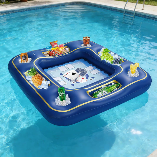 Floating Poker Table for Pool with Waterproof Playing Cards - 4 Person Inflatable Pool Games for Adults - Blue & Gold Premium Floating Card Table Set for Lake, River, and Swimming Party (40 Inch)