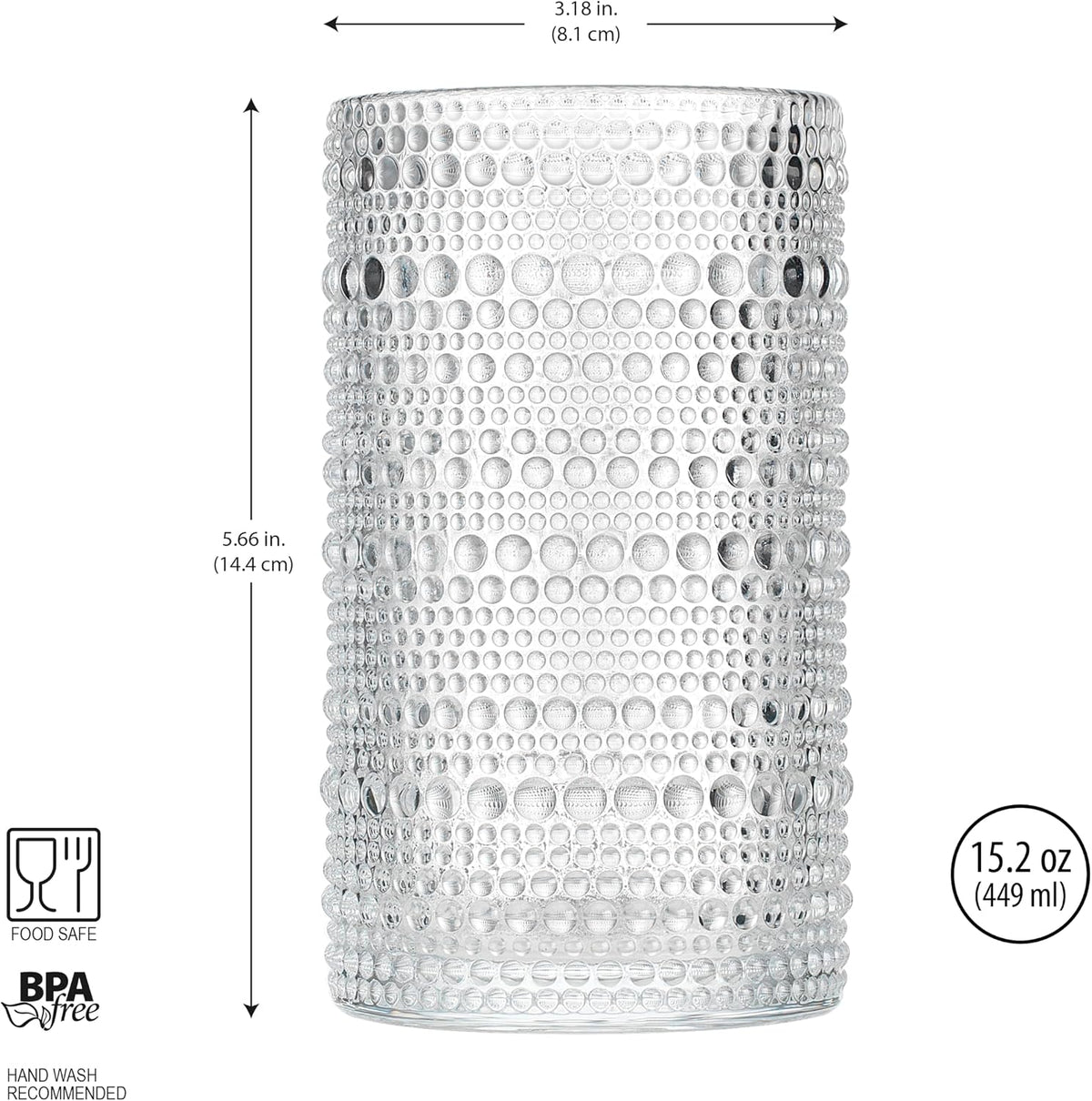 Hobnail Drinking Glasses, Set of 4 Clear Vintage Beaded Glass Cups, 15 Oz. Cocktail Drinking Glassware Set, for Water Juice, Smoothies. Home, Dinner, Bar Uses.