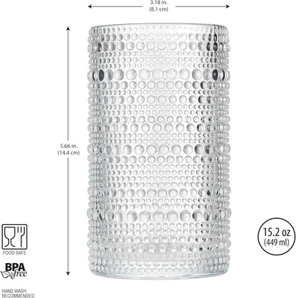 Hobnail Drinking Glasses, Set of 4 Clear Vintage Beaded Glass Cups, 15 Oz. Cocktail Drinking Glassware Set, for Water Juice, Smoothies. Home, Dinner, Bar Uses.