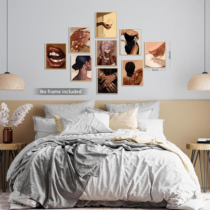 Black Girl Posters Wall Art Set of 9, Abstract African American Woman Canvas Wall Decor Painting, Trendy Boho Artwork Aesthetics Prints for Living Room Bedroom Home Decor 8X10In Unframed