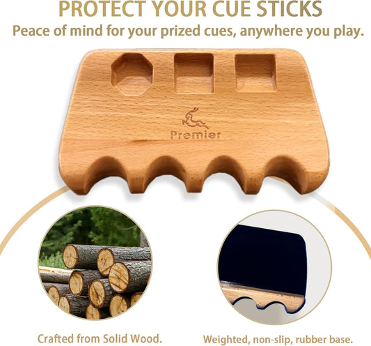 Solid Wood Portable Pool Stick Holder, Heavy Duty Weighted Pool Cue Claw for Table Edge, Anti-Slip Premium Billiard Cue Rack Accommodates 4 Cues, Luxury Pool Table Accessories
