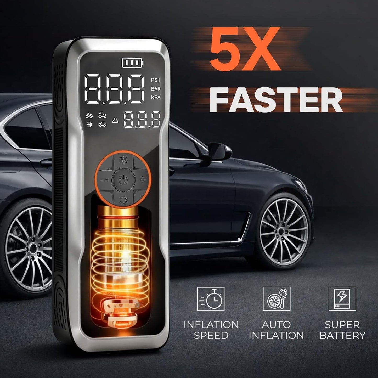 Portable Tire Inflator Air Compressor, Battery Capacity18000Mah,150Psi 5X Fast Inflation Wireless Electric Air Pump with Digital Pressure Gauge & LED Light for Car Motorcycle Bike Ball
