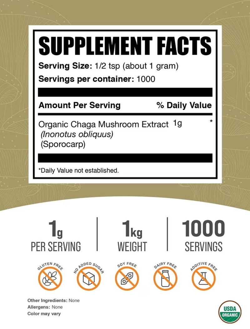 Bulksupplements Organic Chaga Mushroom Extract Powder - Mushroom Supplement - Vegan & Herbal, 1G per Serving, 1Kg (2.2 Lbs)