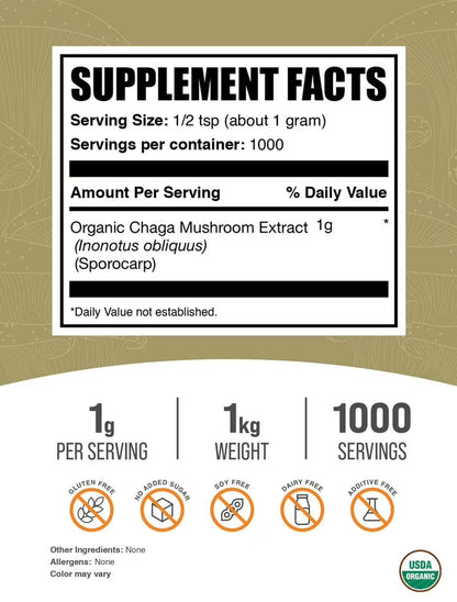 Bulksupplements Organic Chaga Mushroom Extract Powder - Mushroom Supplement - Vegan & Herbal, 1G per Serving, 1Kg (2.2 Lbs)