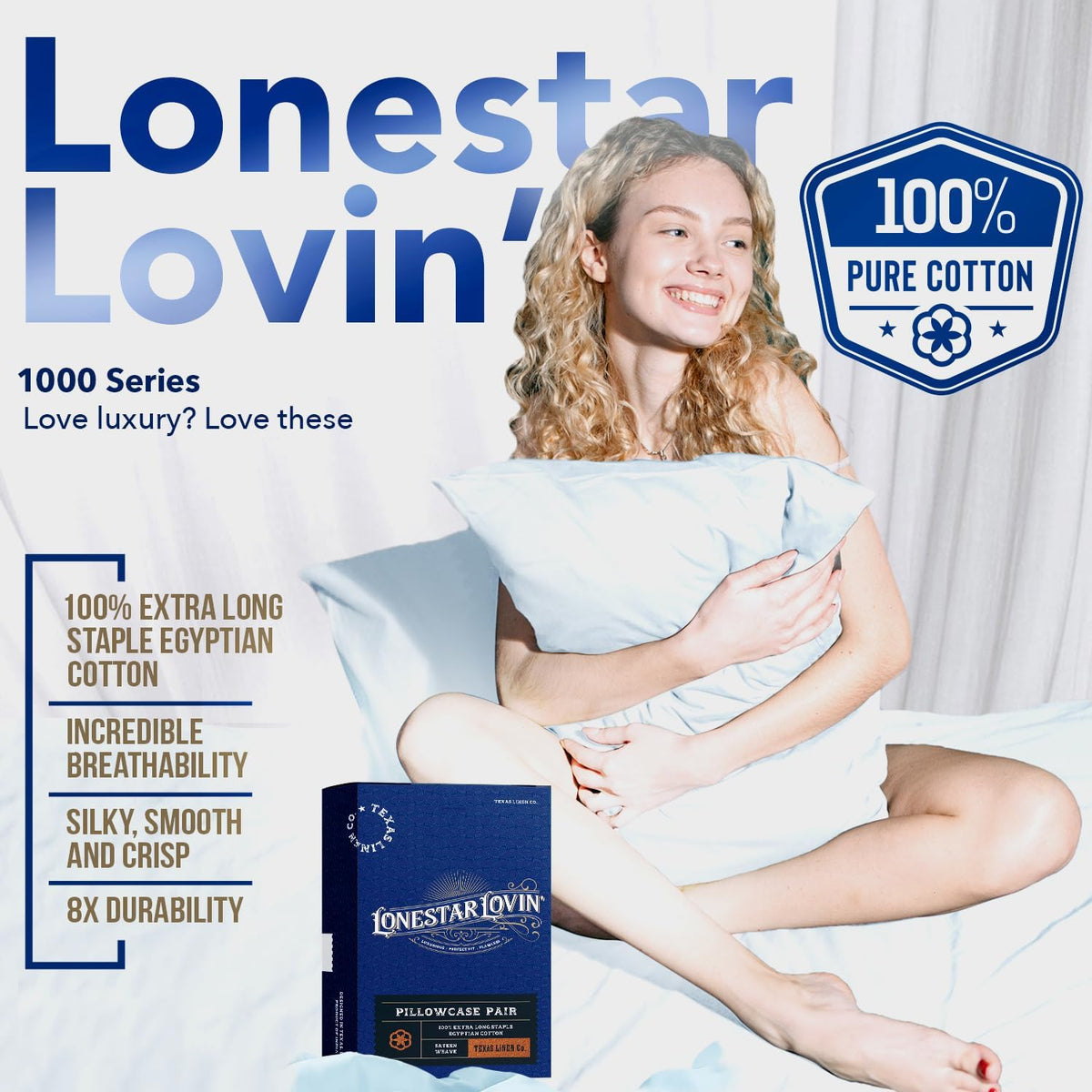 100% Egyptian Cotton Standard/Queen Size Pillow Cases Set of 2-1000 Series Lonestar Lovin' Pillow Cover (White), Soft, & Cooling Pillowcases Set of 2 for Standard/Queen Pillows
