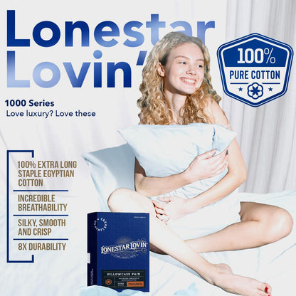 100% Egyptian Cotton Standard/Queen Size Pillow Cases Set of 2-1000 Series Lonestar Lovin' Pillow Cover (White), Soft, & Cooling Pillowcases Set of 2 for Standard/Queen Pillows