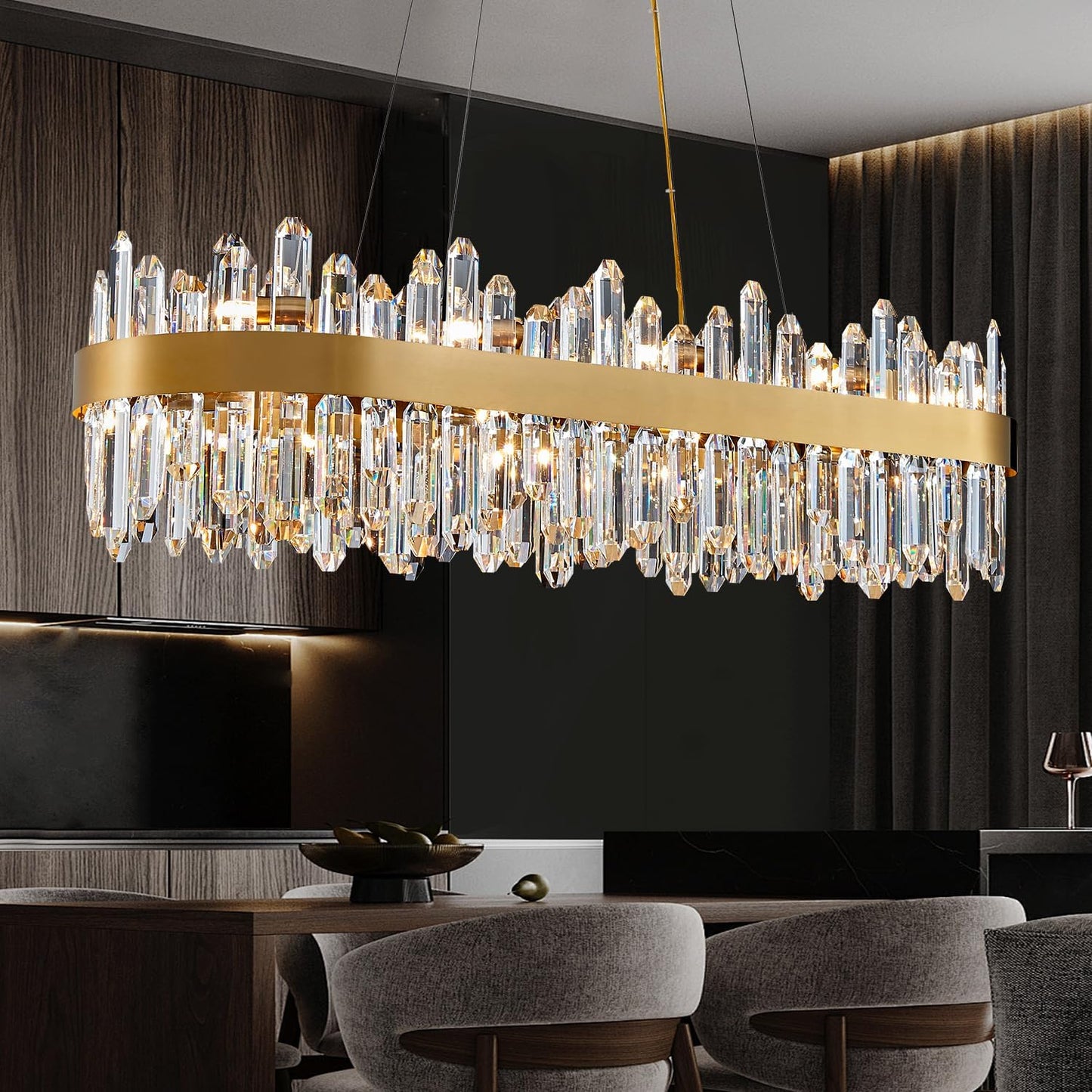 Modern Crystal Chandelier, 20-Lights Rectangle Gold Raindrop Chandelier Luxury Oval Pendant Ceiling Light Fixture for Living Room Dining Room Kitchen Island L35.4''