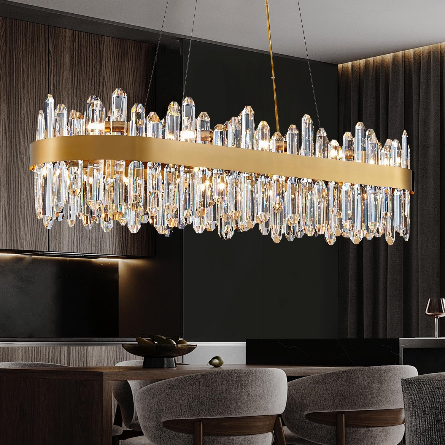 Modern Crystal Chandelier, 20-Lights Rectangle Gold Raindrop Chandelier Luxury Oval Pendant Ceiling Light Fixture for Living Room Dining Room Kitchen Island L35.4''
