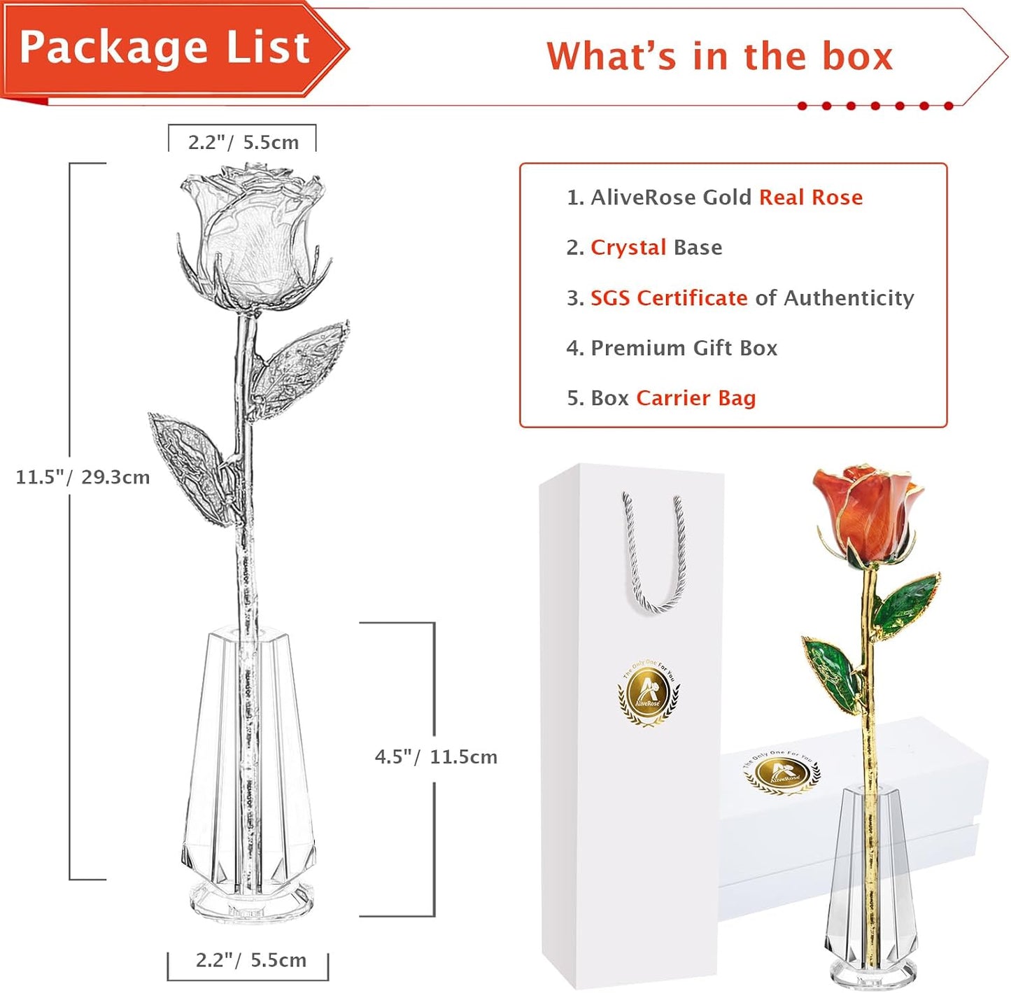 Gold Dipped Rose, 24K Gold Rose Made from Real Rose - Unique Design Gold Plated Rose for Anniversary Valentines Mothers Day Birthday Gifts (Orange Original with Crystal Vase)