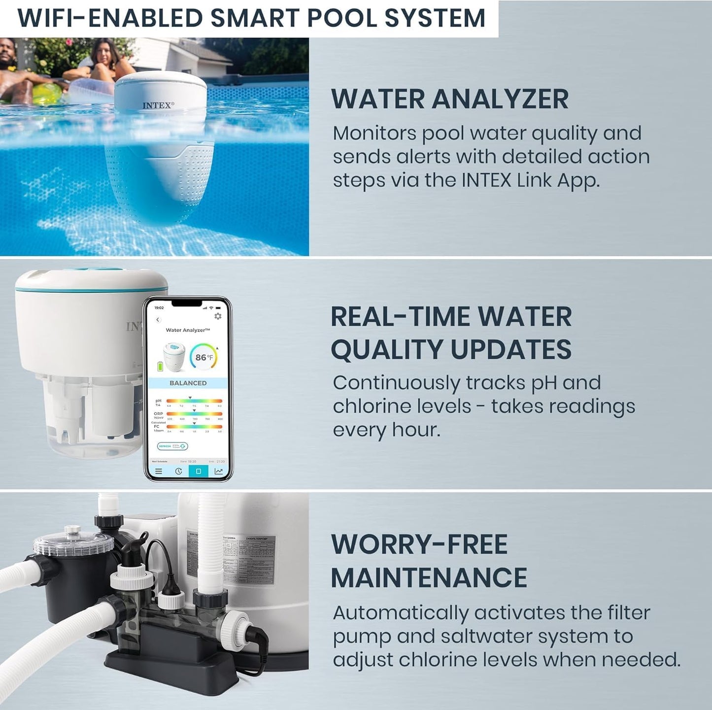 INTEX 28829EH 18Ft X 52In Ultraluxe Premium above Ground Swimming Pool Set with Smart Wi-Fi Enabled Dual Sand Filter Pump Saltwater System and Water Analyzer, Retractable Pool Ladder