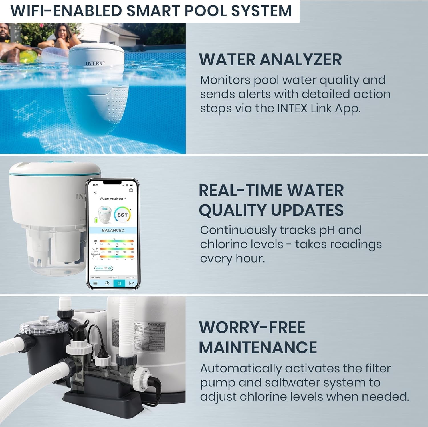 INTEX 28829EH 18Ft X 52In Ultraluxe Premium above Ground Swimming Pool Set with Smart Wi-Fi Enabled Dual Sand Filter Pump Saltwater System and Water Analyzer, Retractable Pool Ladder