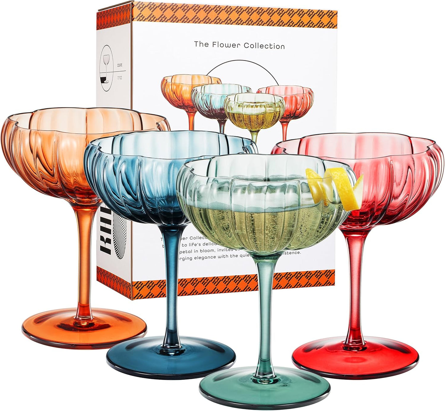 Tonal Flower Champagne Coupe Cocktail Glassware Set Of 4 Premium Barware Gift