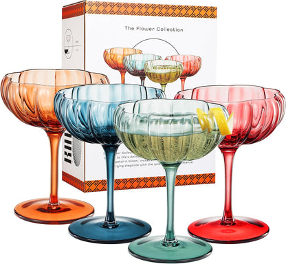 Tonal Flower Champagne Coupe Cocktail Glassware Set Of 4 Premium Barware Gift