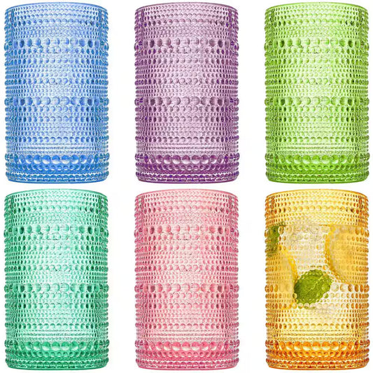 12 Oz. Colored Hobnail Glasses Set of 6, Embossed Design Glasses for Water, Beverages, Juice, Beer, Cocktail, Whiskey