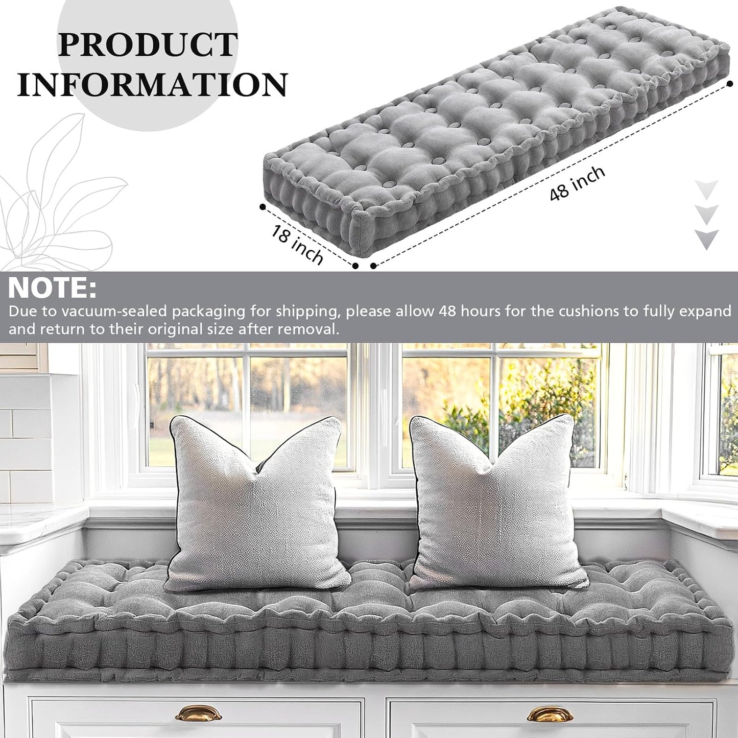 48X18 Inch Bench Cushions for Indoor Furniture Chenille Velvet Gray Button Tufted Thicken Window Seat Pad Mat with Memory Foam Non Slip Long Floor Pillow for Entryway Dining Sofa Breakfast Nook