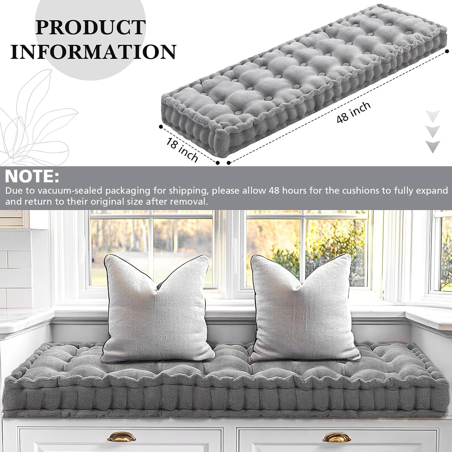 48X18 Inch Bench Cushions for Indoor Furniture Chenille Velvet Gray Button Tufted Thicken Window Seat Pad Mat with Memory Foam Non Slip Long Floor Pillow for Entryway Dining Sofa Breakfast Nook