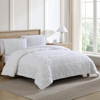 Medallion Queen Cotton Chenille Comforter Set, White | Vintage Tufted Cozy Plush 100% Cotton with Poly Fill 3-Piece Set with Large Centered Medallion Design