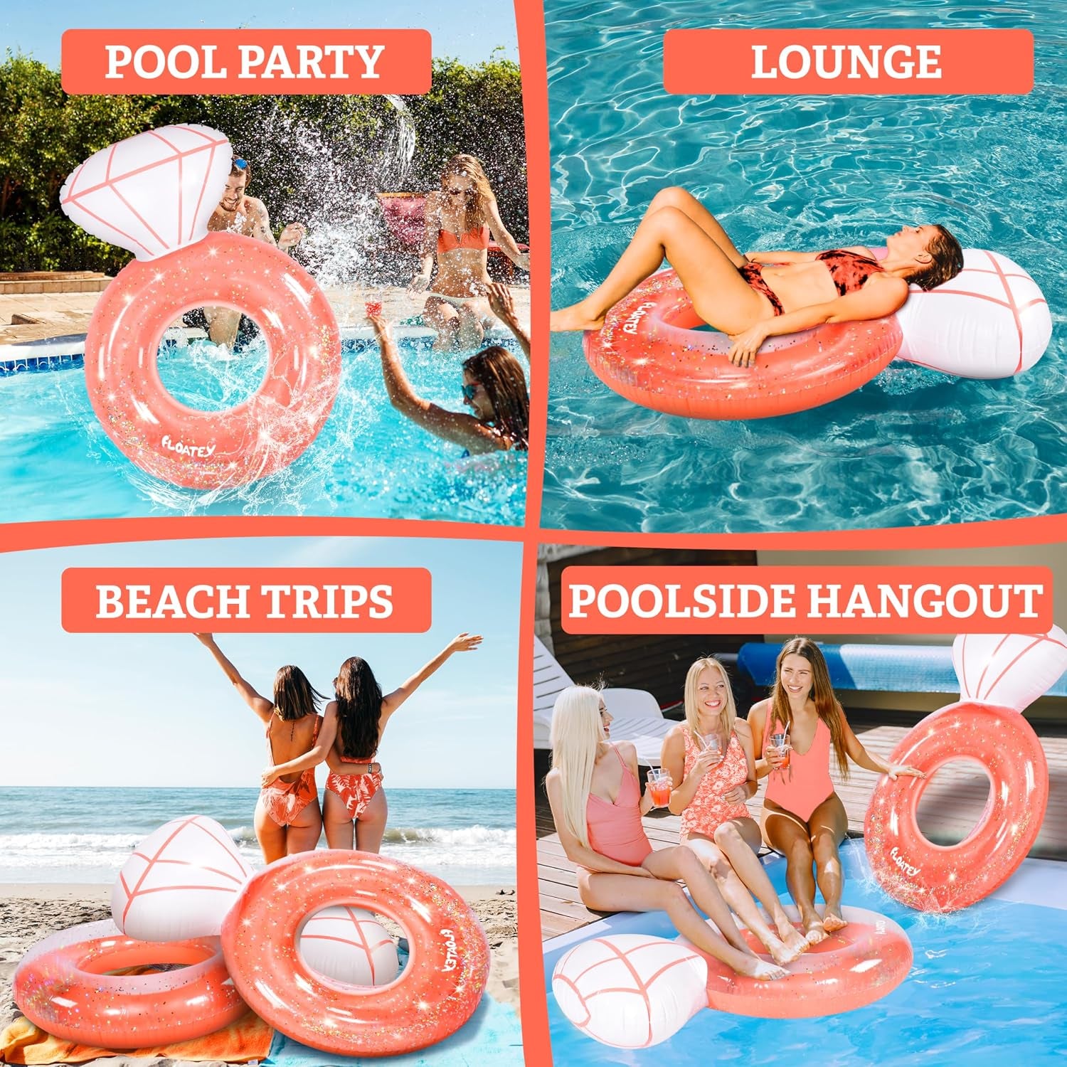 Bachelorette Party Decorations - Xtralarge Diamond Ring Pool Float | Shiny Glitter Conffetti inside | Bachelorette Pool Floats for Bride, Ring Floatie Bachelorette Party Accessories, Rose Gold