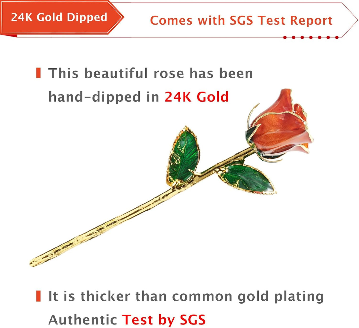 Gold Dipped Rose, 24K Gold Rose Made from Real Rose - Unique Design Gold Plated Rose for Anniversary Valentines Mothers Day Birthday Gifts (Orange Original with Crystal Vase)