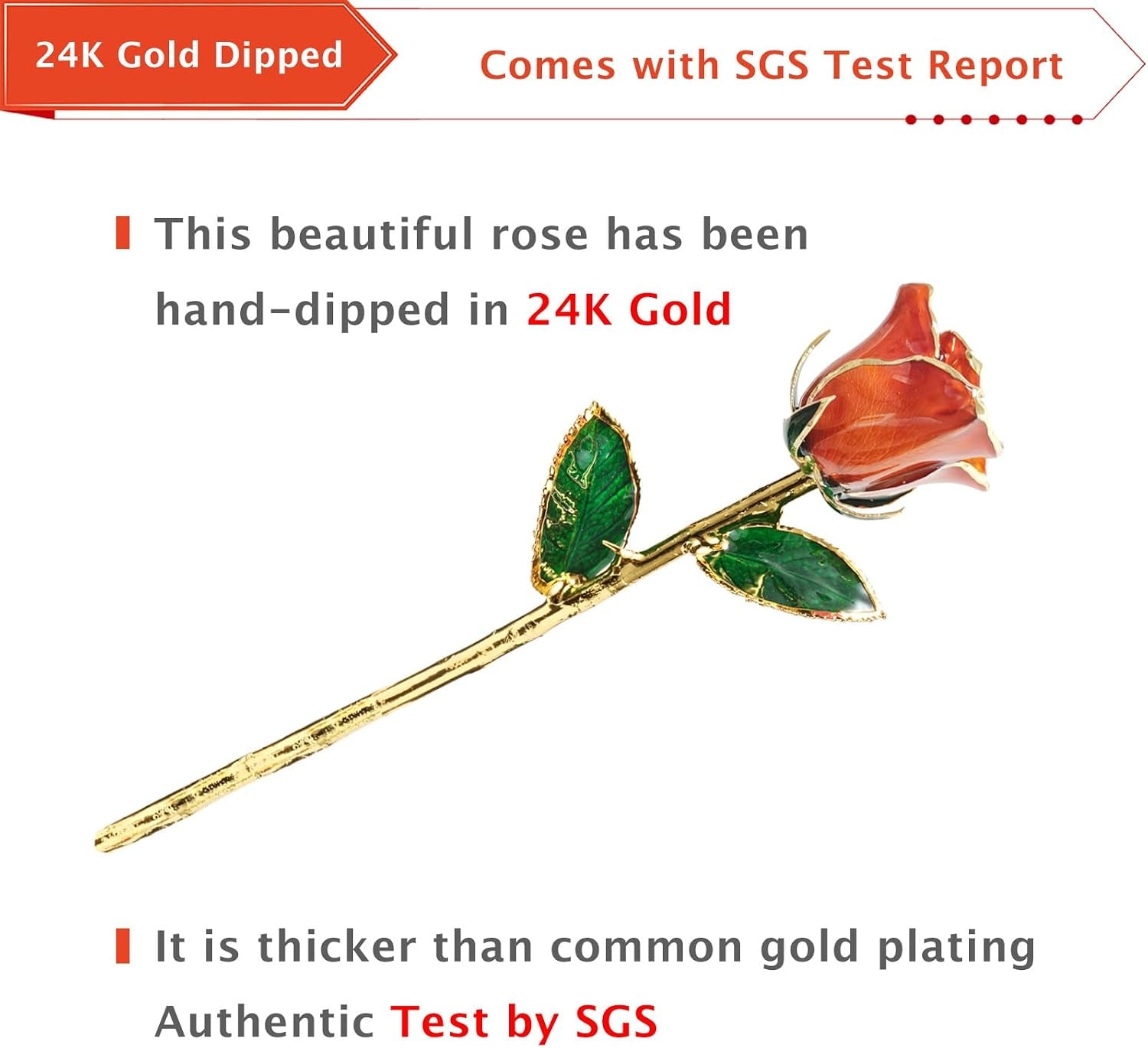 Gold Dipped Rose, 24K Gold Rose Made from Real Rose - Unique Design Gold Plated Rose for Anniversary Valentines Mothers Day Birthday Gifts (Orange Original with Crystal Vase)