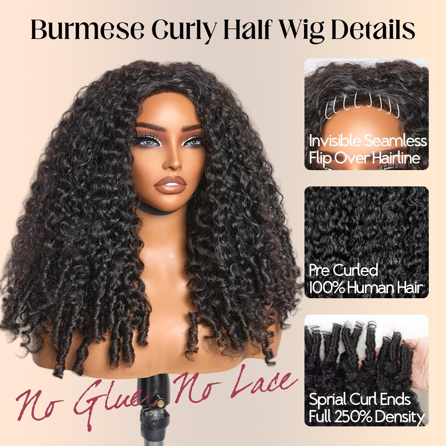 250% Density 20 Inch Burmese Curly Half Wig,100% Human Hair,[2-Year Life,210G], 3 in 1 Glueless Human Hair Half Wig Seamless Flip over Half Wigs for Black Women No Glue No Lace Curly Wig