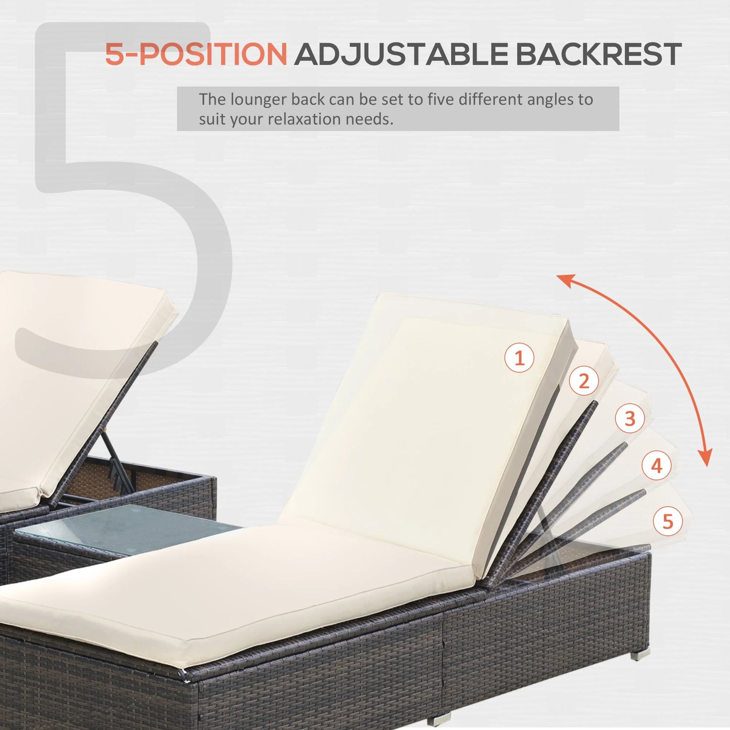 3-Piece Wicker Patio Chaise Lounge Set W/ 5 Backrest Angles, Brown