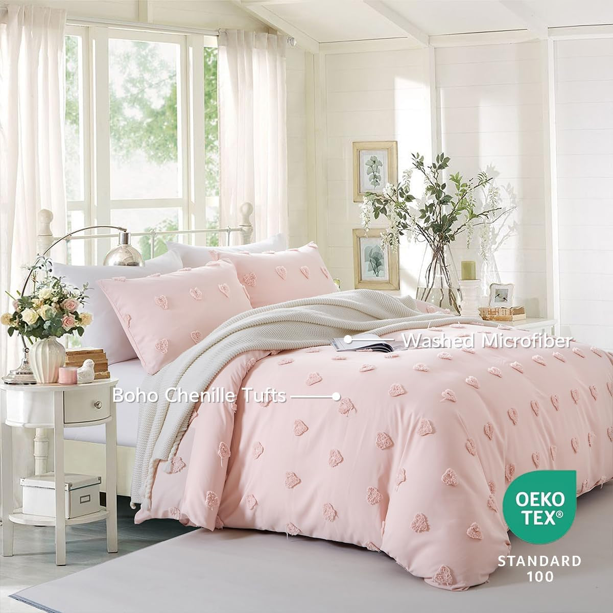 Pink Heart Duvet Cover Queen Size Boho Tufted Chenille Cute Heart Textured Comforter Cover 3Pcs Luxury Soft Washed Microfiber Aesthetic Bedding Set with Zipper Closure for All Season